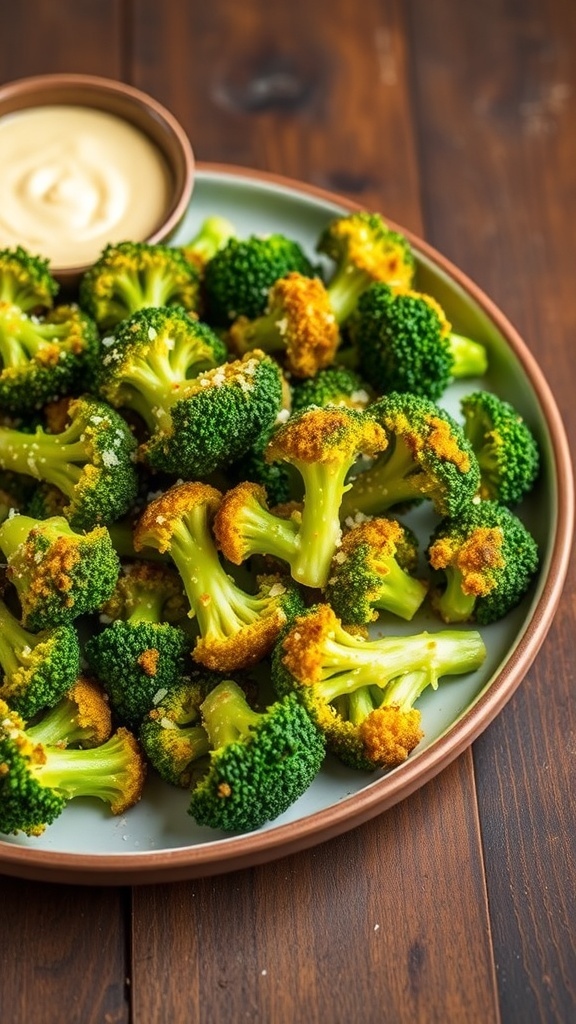 Crispy air fryer Parmesan broccoli florets garnished with cheese on a rustic table.